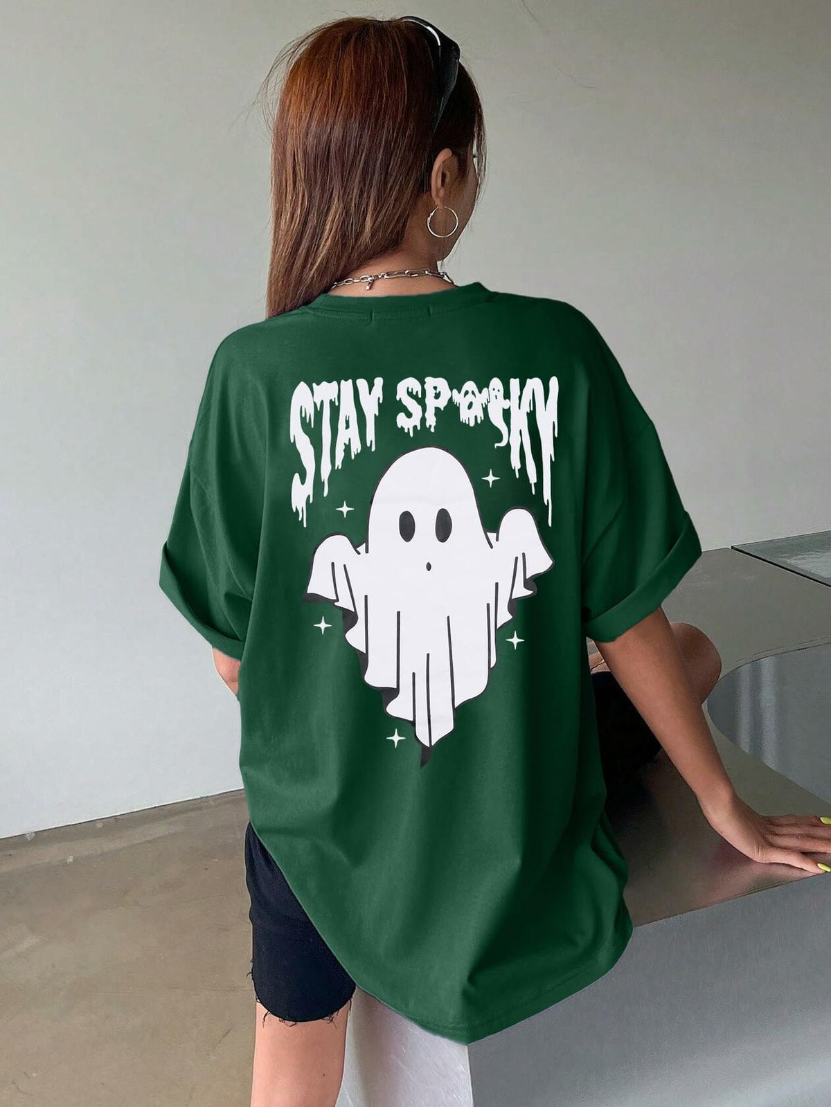Halloween Oversize T-Shirt Women Spooky Graphic Ghost Tee Green Size M