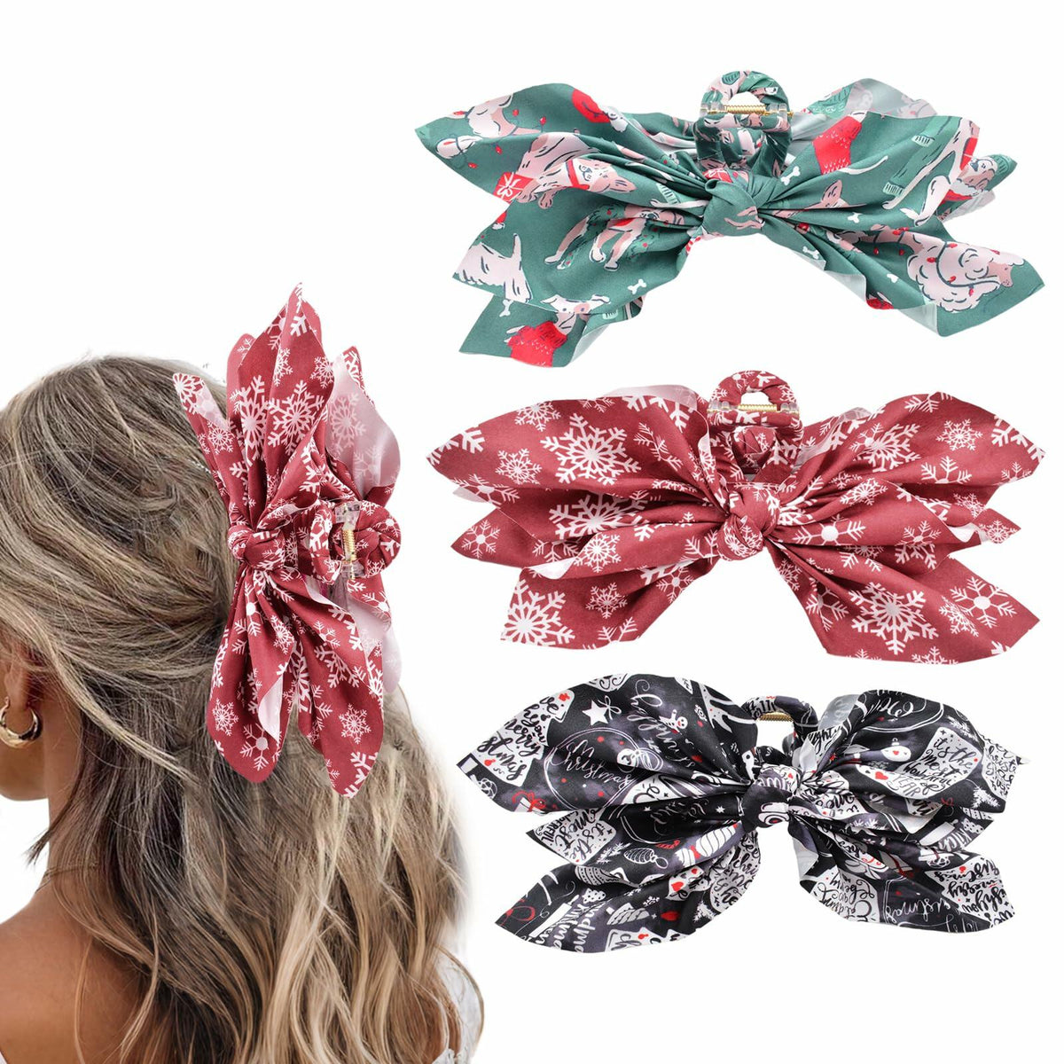 Hadutrek Bow Hair Clips Large 3PCS Black Green Red for Thick Hair Women