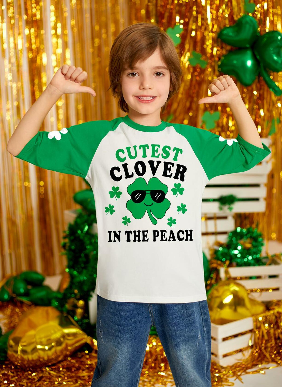 St. Patrick's Day Kids Clover T-Shirt Green White Raglan Top 4T Crewneck