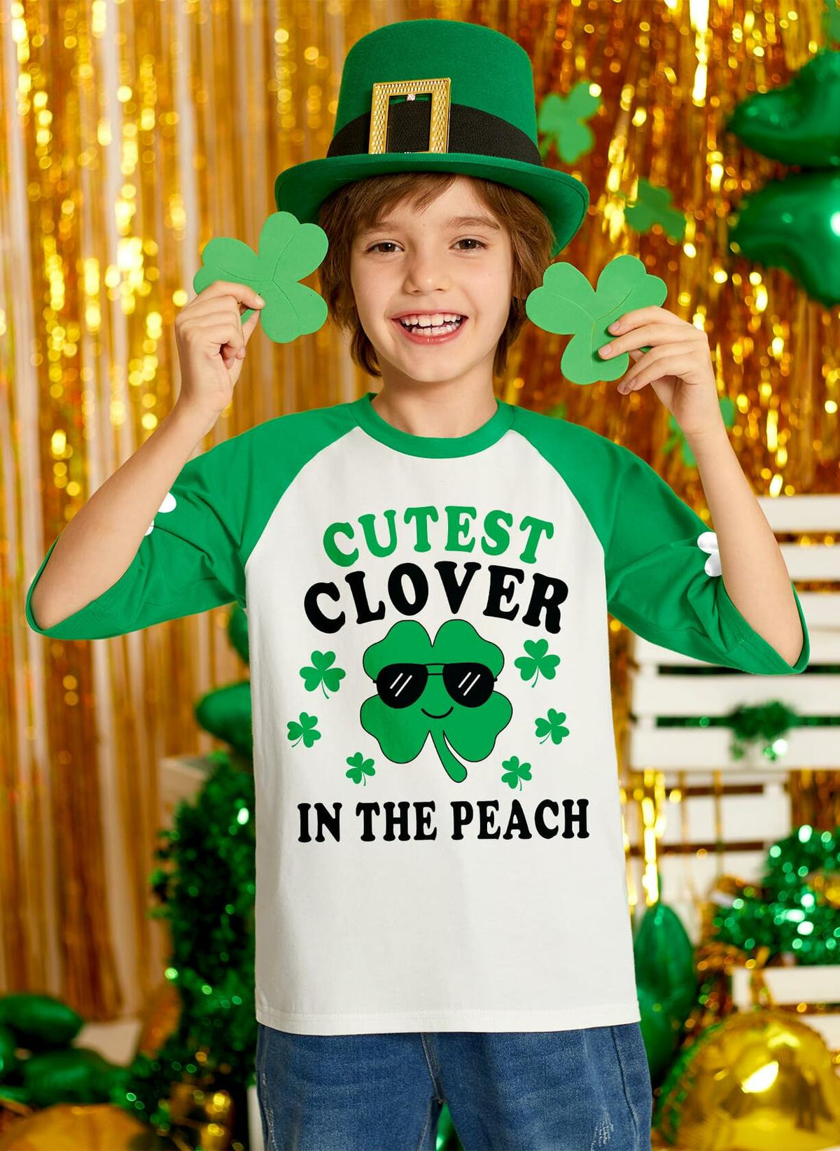 St. Patrick's Day Kids Clover T-Shirt Green White Raglan Top 4T Crewneck