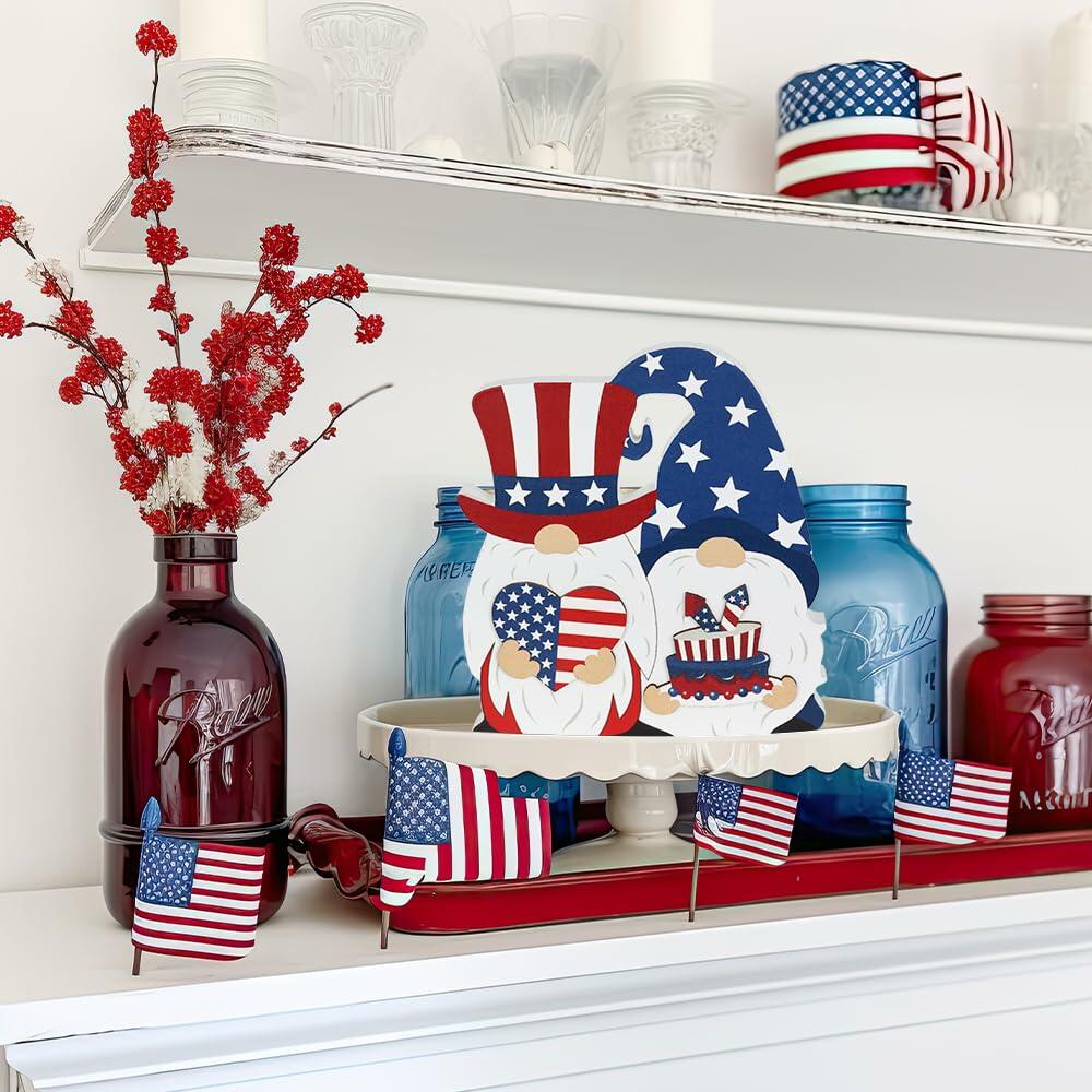 DECSPAS 4th of July Double Sided Wooden Tiered Tray Red White Blue Decor