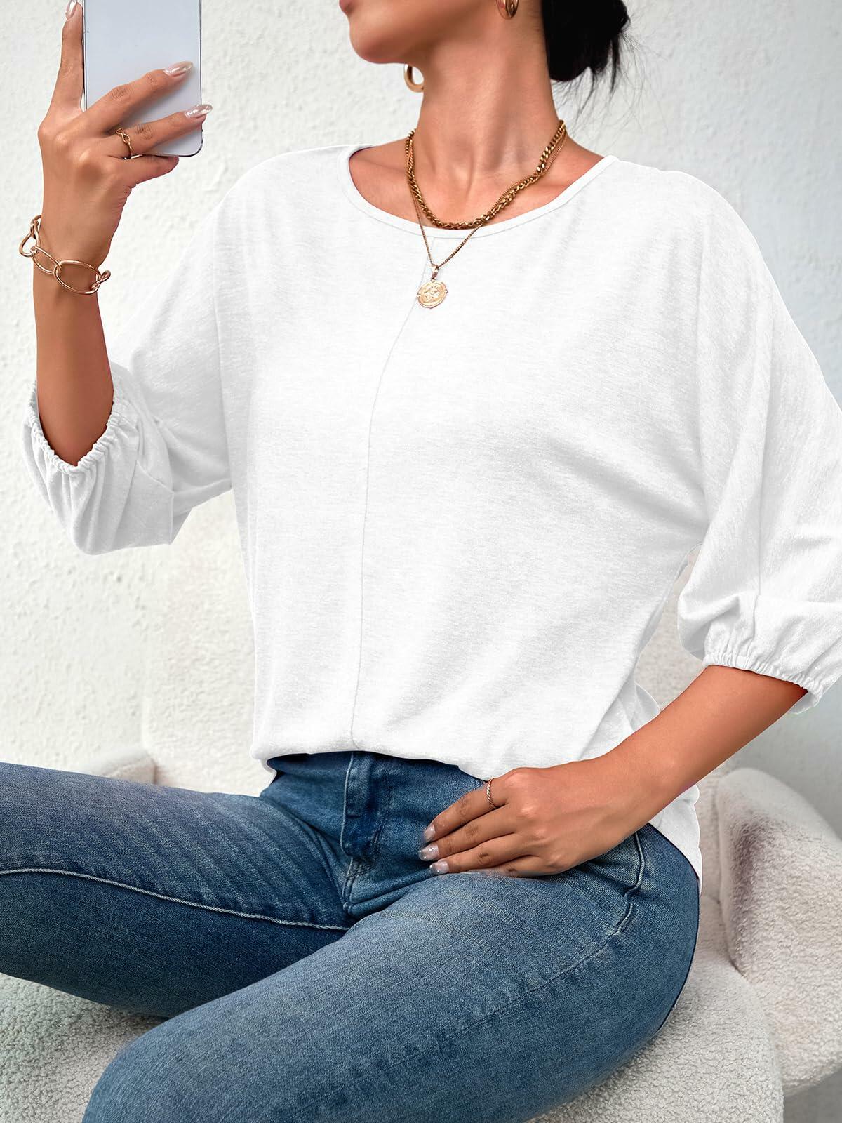 TAKEYAL Women's 3/4 Sleeve Basic Tee Shirt White Size XL