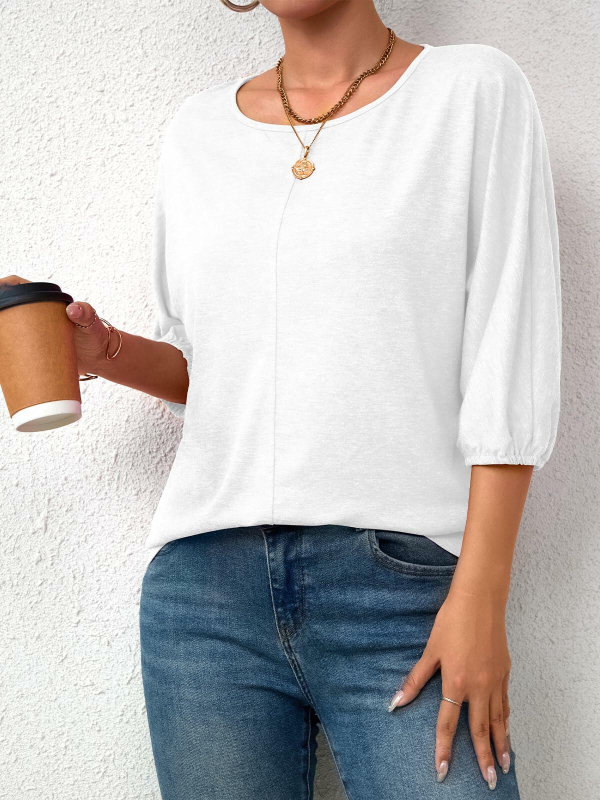 TAKEYAL Women's 3/4 Sleeve Basic Tee Shirt White Size XL