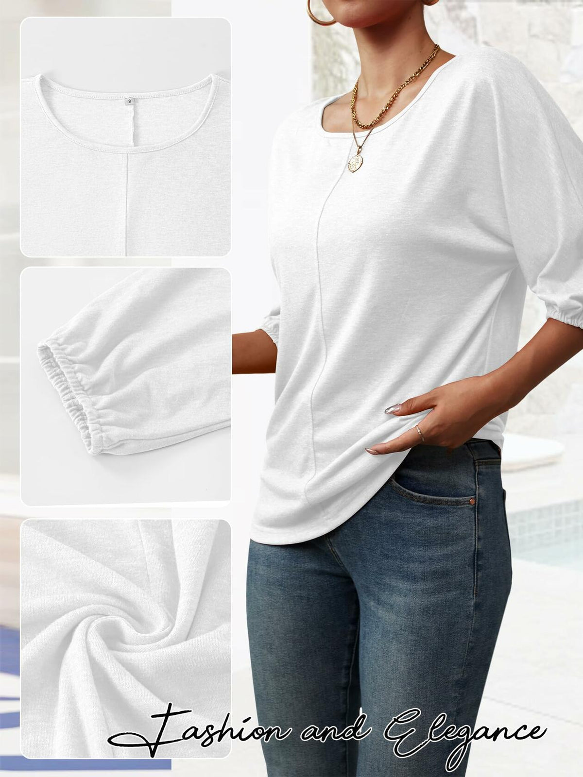 TAKEYAL Women's 3/4 Sleeve Basic Tee Shirt White Size XL
