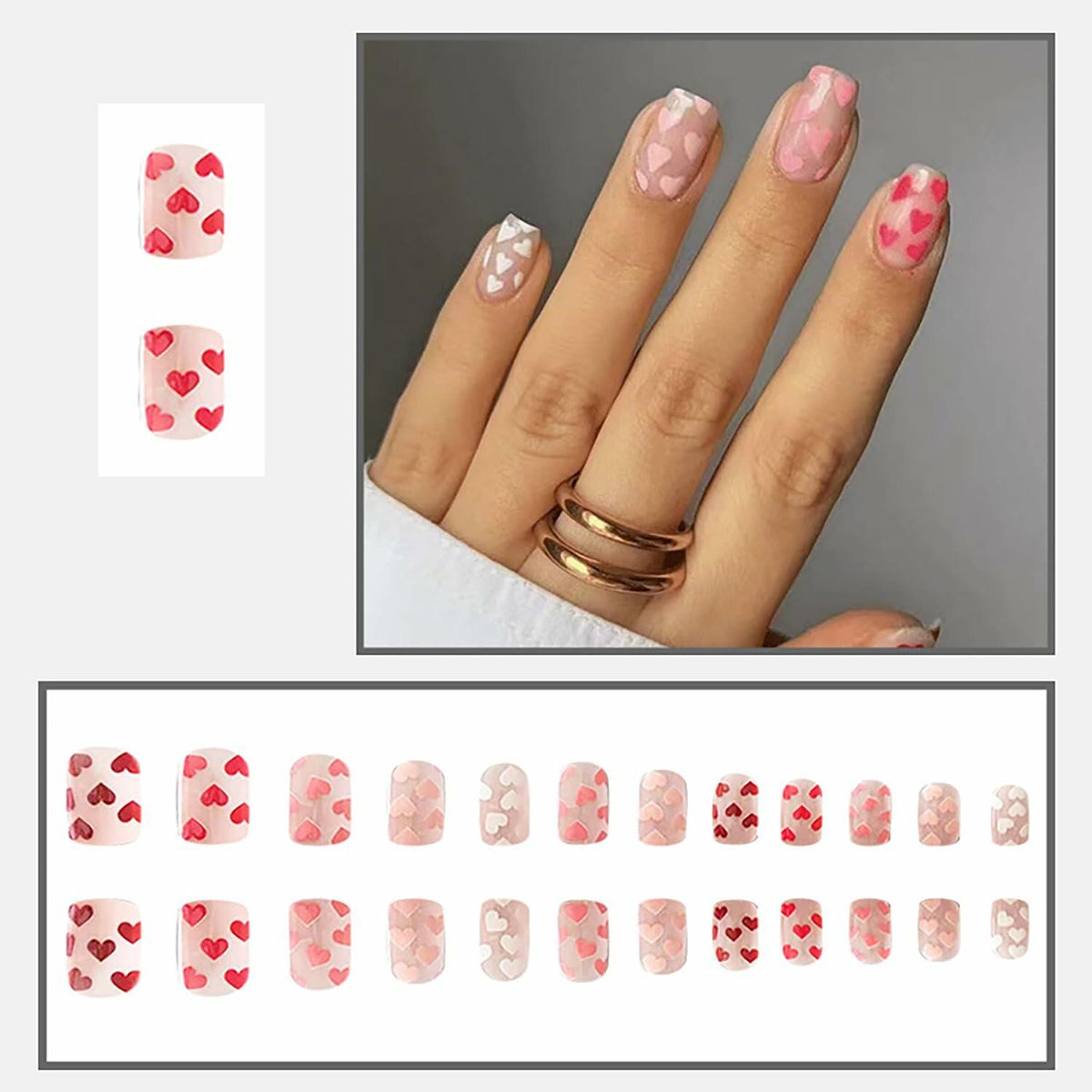 RIICFDD Heart Press On Nails Medium Square Glossy French Tip 72Pcs