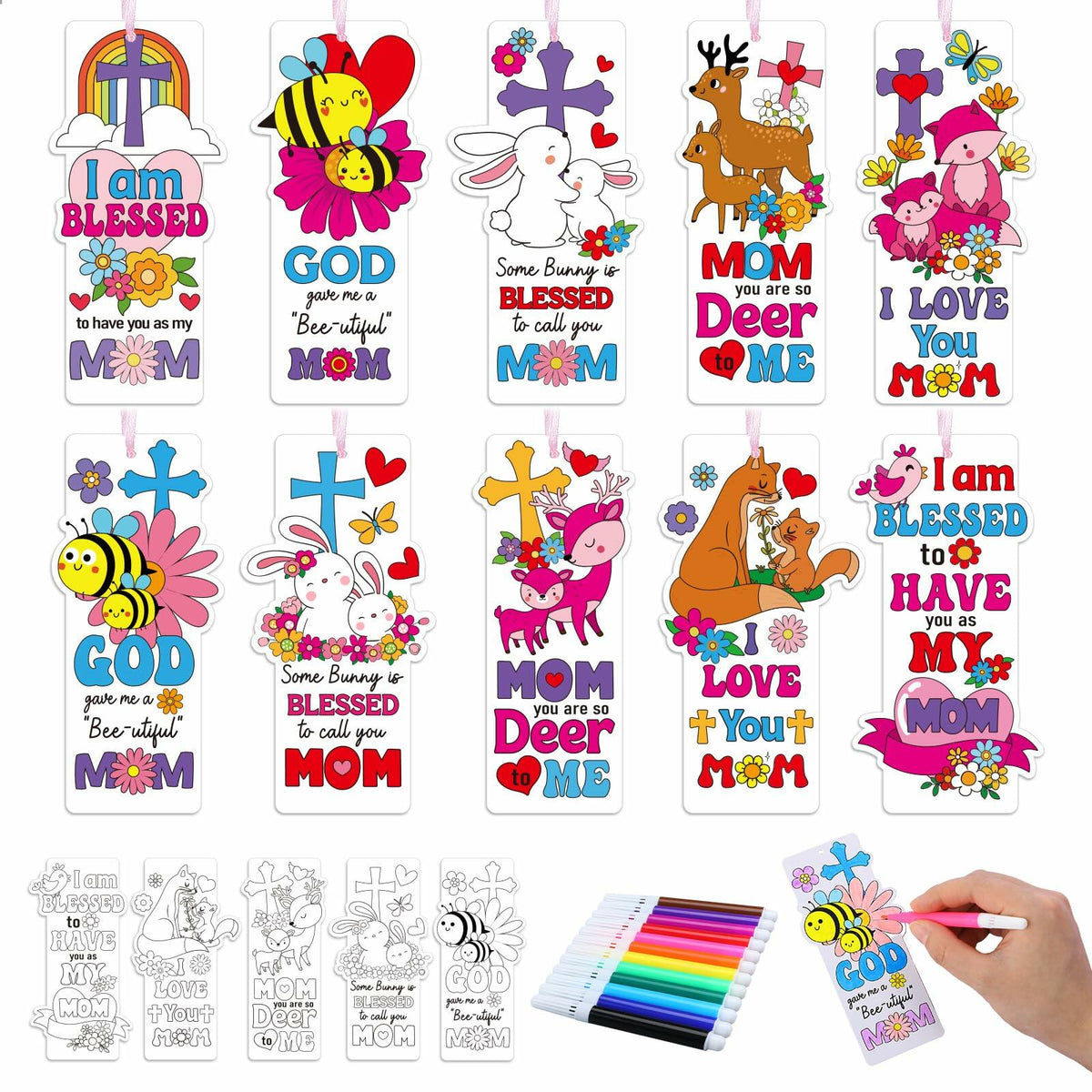 Dunzoom 200 Pcs Mother's Day Christian Coloring Bookmarks Bulk DIY