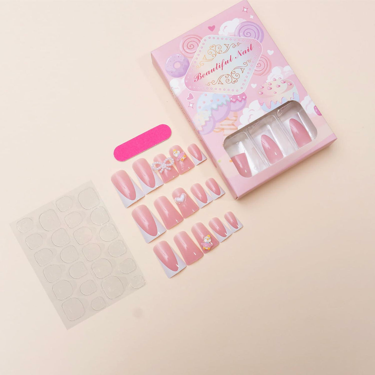 RIICFDD French Press On Nails 24 Pcs Medium Nude Pink White Tips Charms