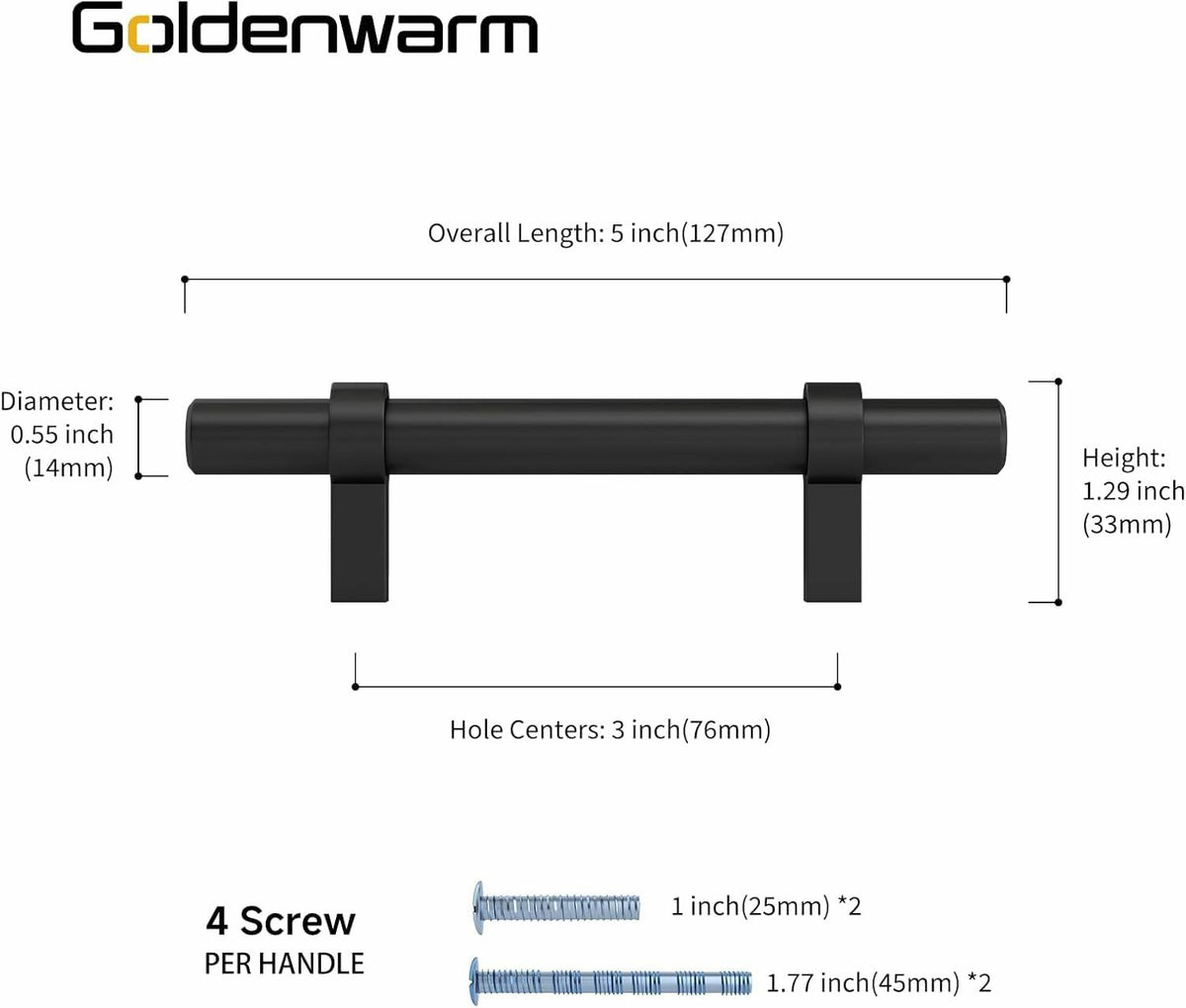 goldenwarm 6 Pack Black 5 Inch Cabinet Handles Stainless Steel Zinc Alloy