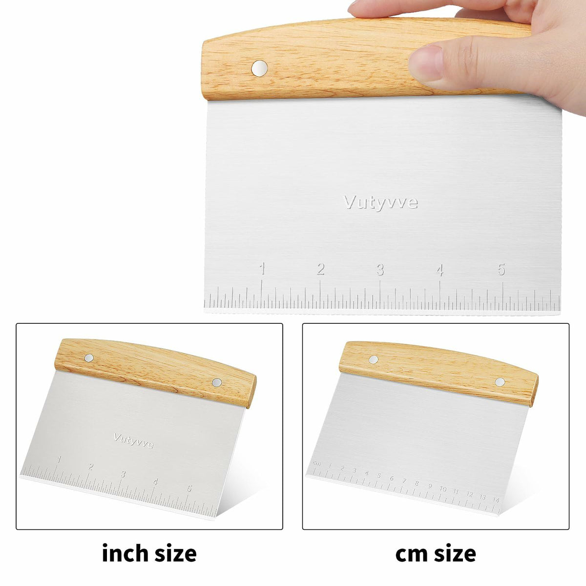 Vutyvve Dough Scraper Set, Wooden Handle Stainless Steel + 2 Plastic, 3 Pc
