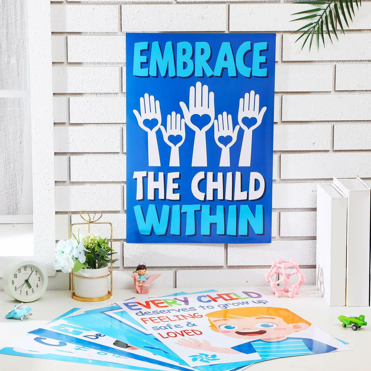 Feifeiya Child Abuse Prevention Poster Blue Pinwheel 9 Pcs Classroom Decor
