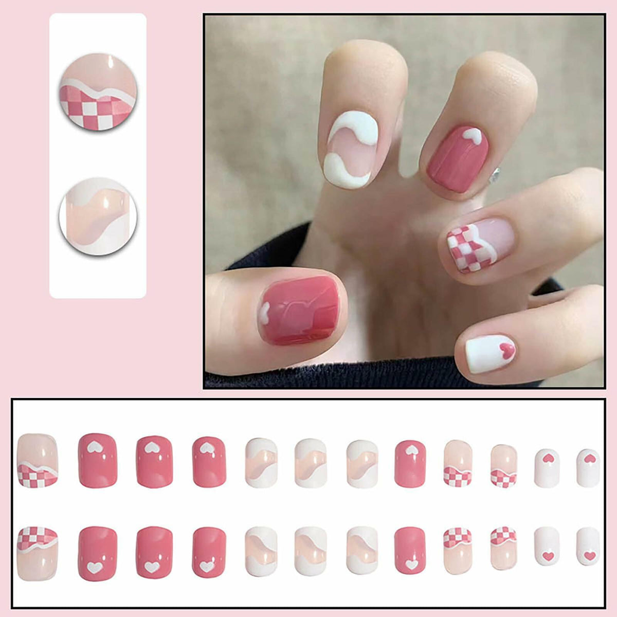 Vokupoga Square Press On Nails White Pink Acrylic 24Pcs Reusable