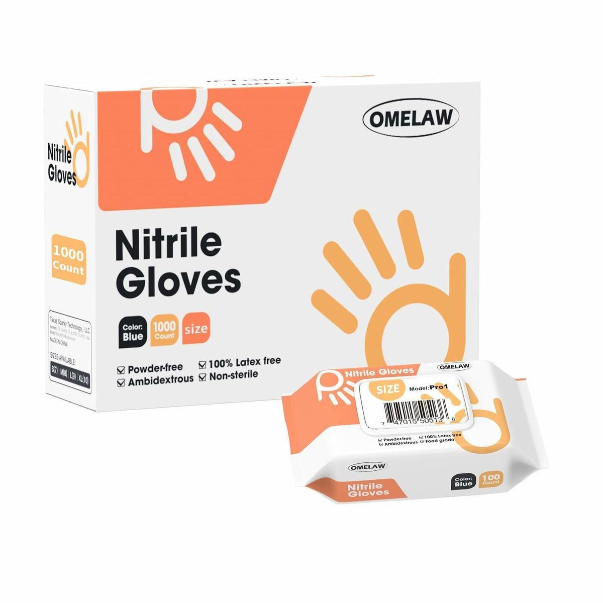 OMELAW Blue Nitrile Gloves Large Powder-Free Latex-Free 100 Pack Size L