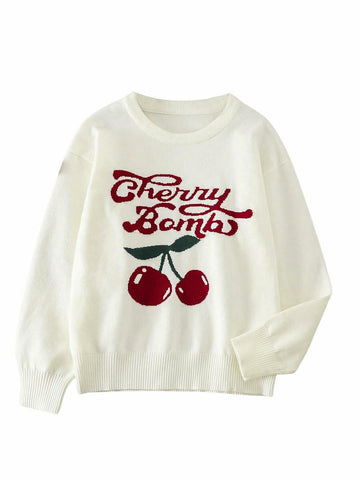 BEAUDRM Girl's Cherry Knit Sweater Long Sleeve Crewneck Apricot Size 11Y