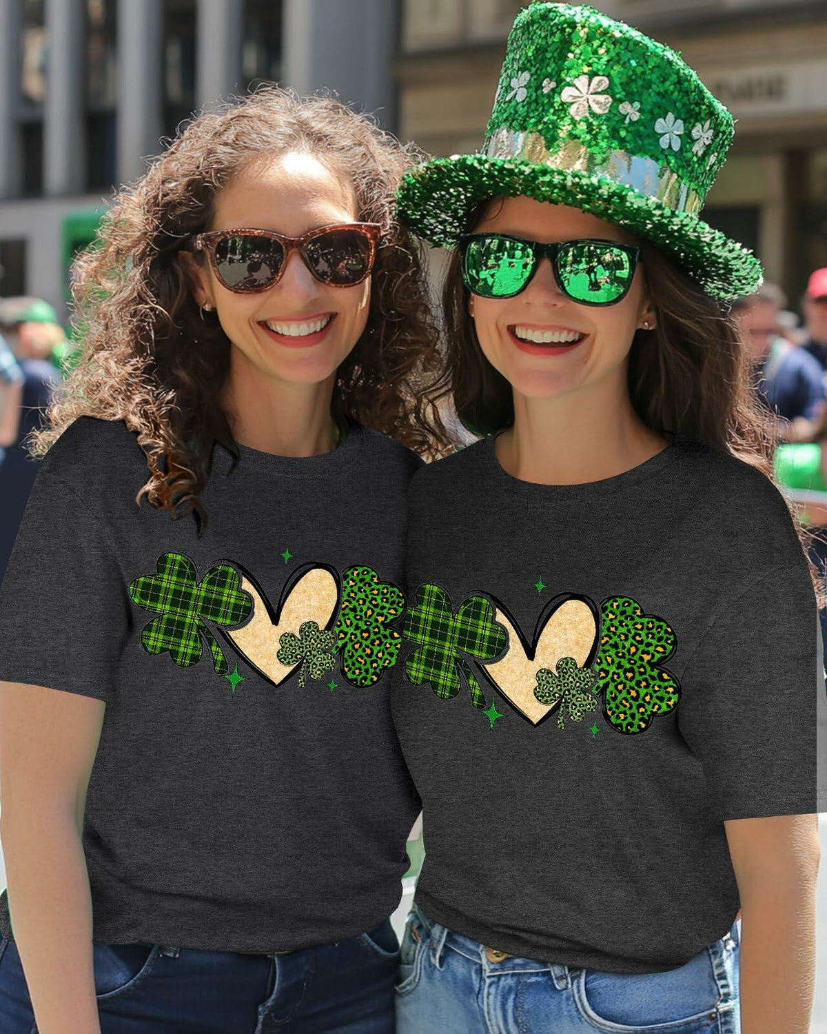 JMHACHY St. Patrick's T-Shirt Women Shamrock Heart Leopard Grey Size M