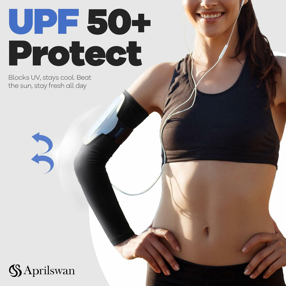 Aprilswan UV Sun Protection Arm Sleeves Non Slip Compression Black 1 Pair