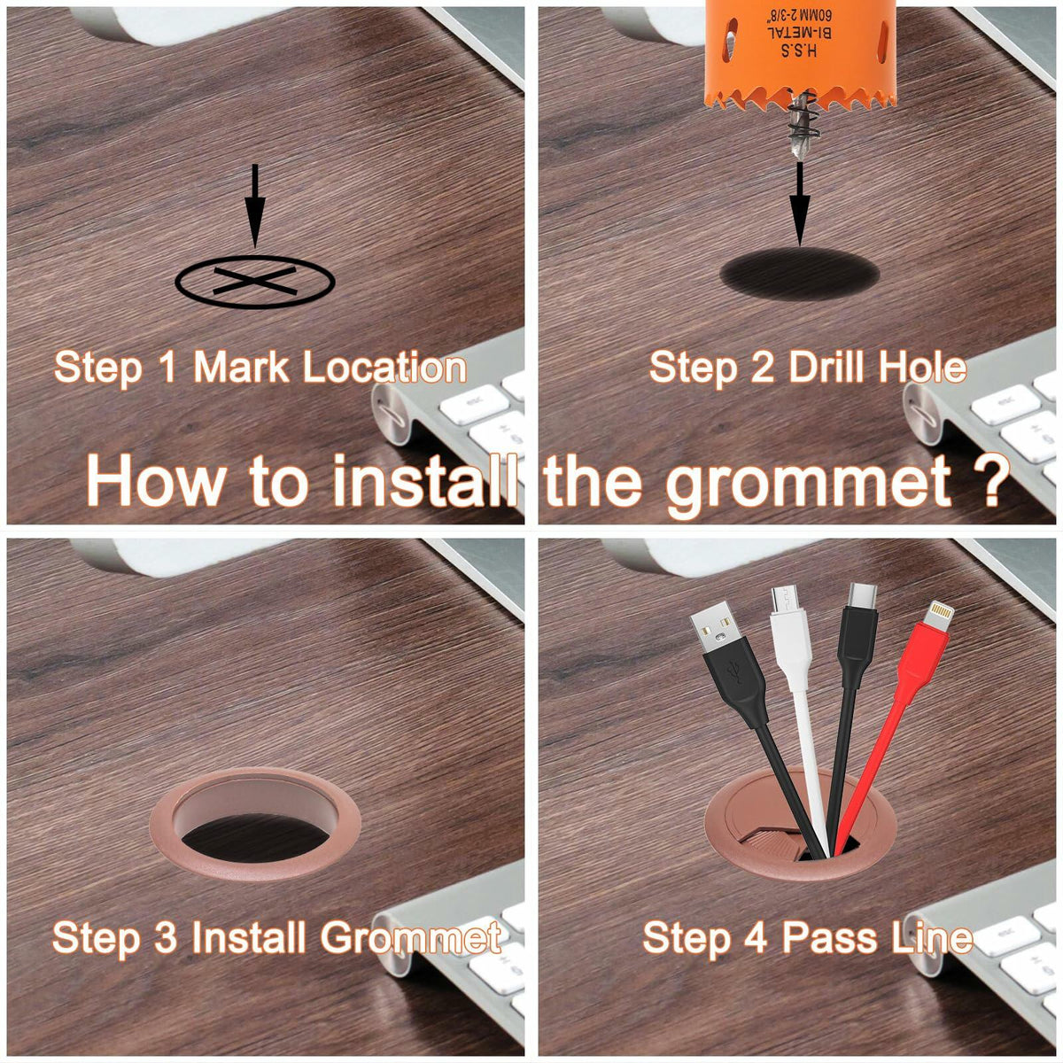 VIKITON Desk Grommet 2-3/8" Hole Saw Cord Cover 2 PCS Brown