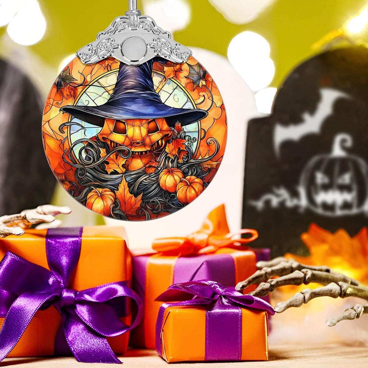 Terrifying Pumpkin Stained Glass Christmas Ornament Holiday Decoration