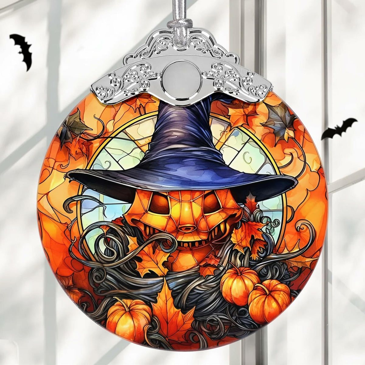 Terrifying Pumpkin Stained Glass Christmas Ornament Holiday Decoration