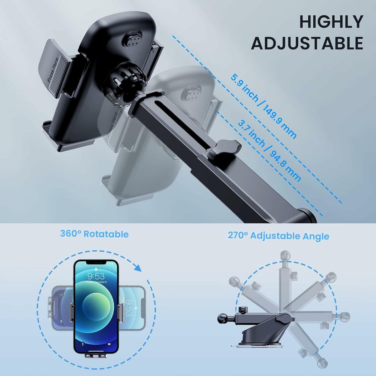 GUWEZ Car Phone Holder Super Stable Dashboard Windshield Mount Universal Black