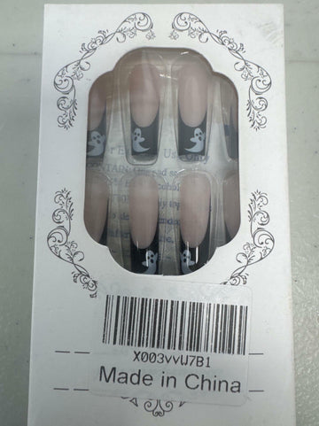 RIICFDD Halloween Fake Nails 24 Pcs Coffin Pink French Tip Ghost Designs