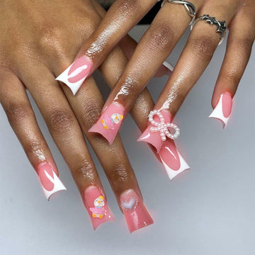 RIICFDD Press On Nails Medium Pink Duck Bow Butterfly 24 Pcs