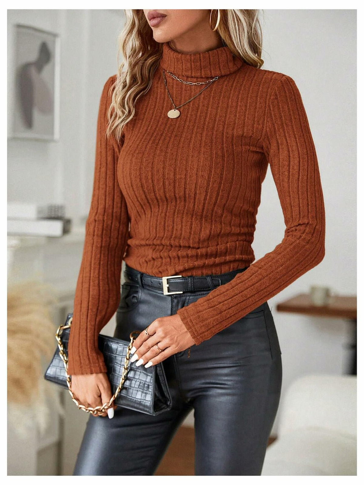RoseSeek Women's Ribbed Knit Long Sleeve Tee Rust Brown Size Small
