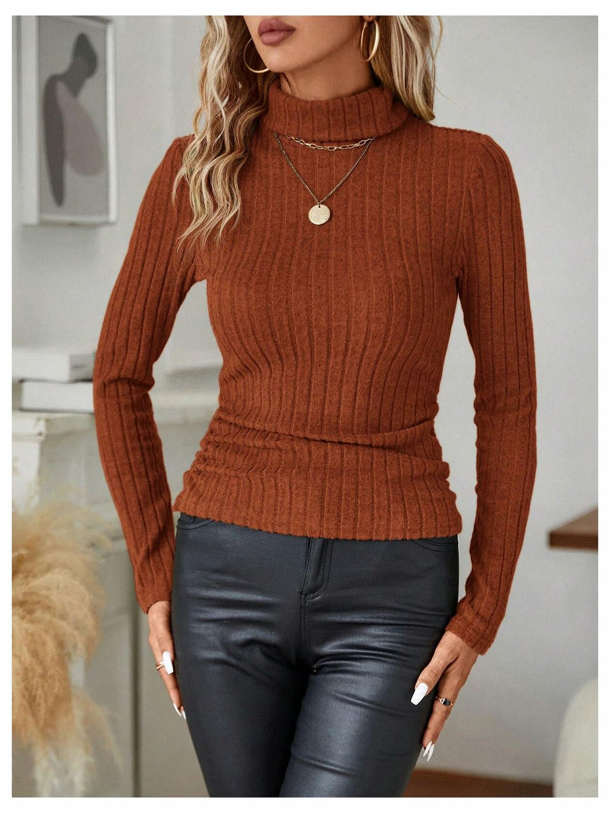RoseSeek Women's Ribbed Knit Long Sleeve Tee Rust Brown Size Small