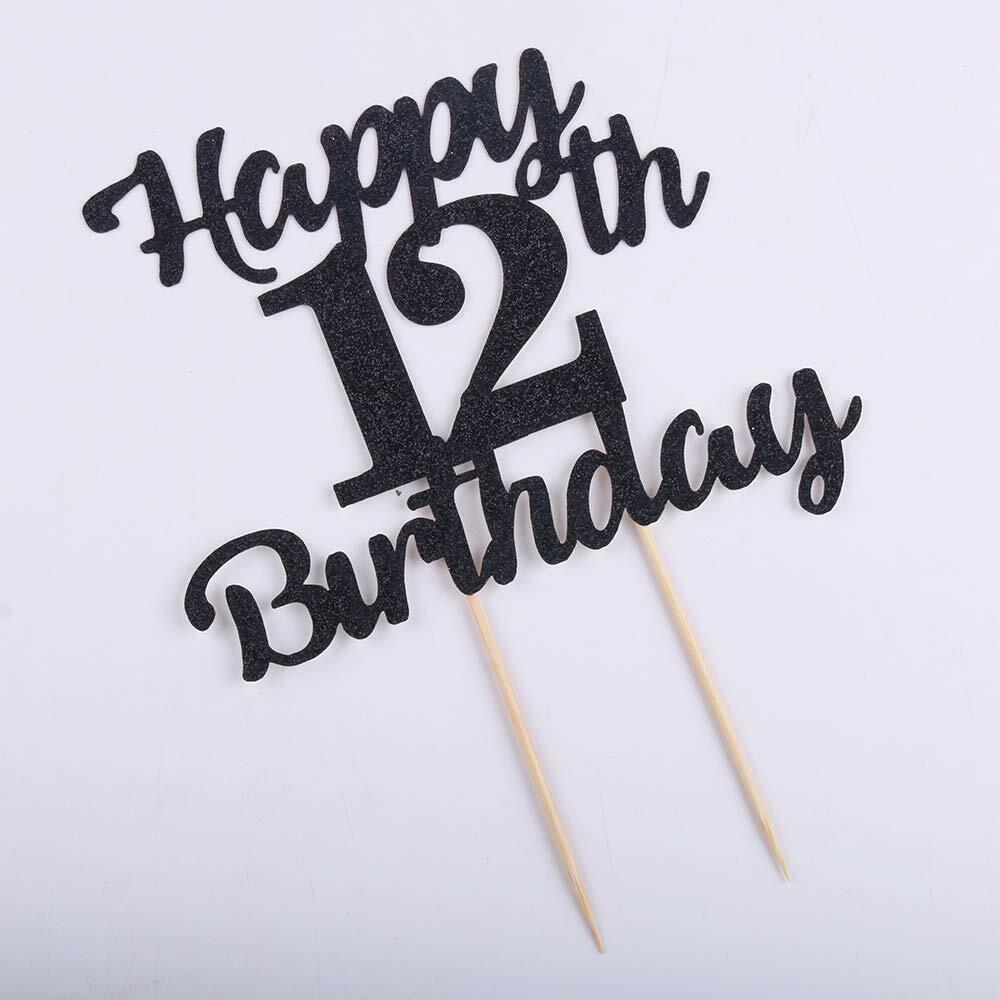 LVEUD 12th Birthday Cake Topper Black Glitter 12th Party Decoration