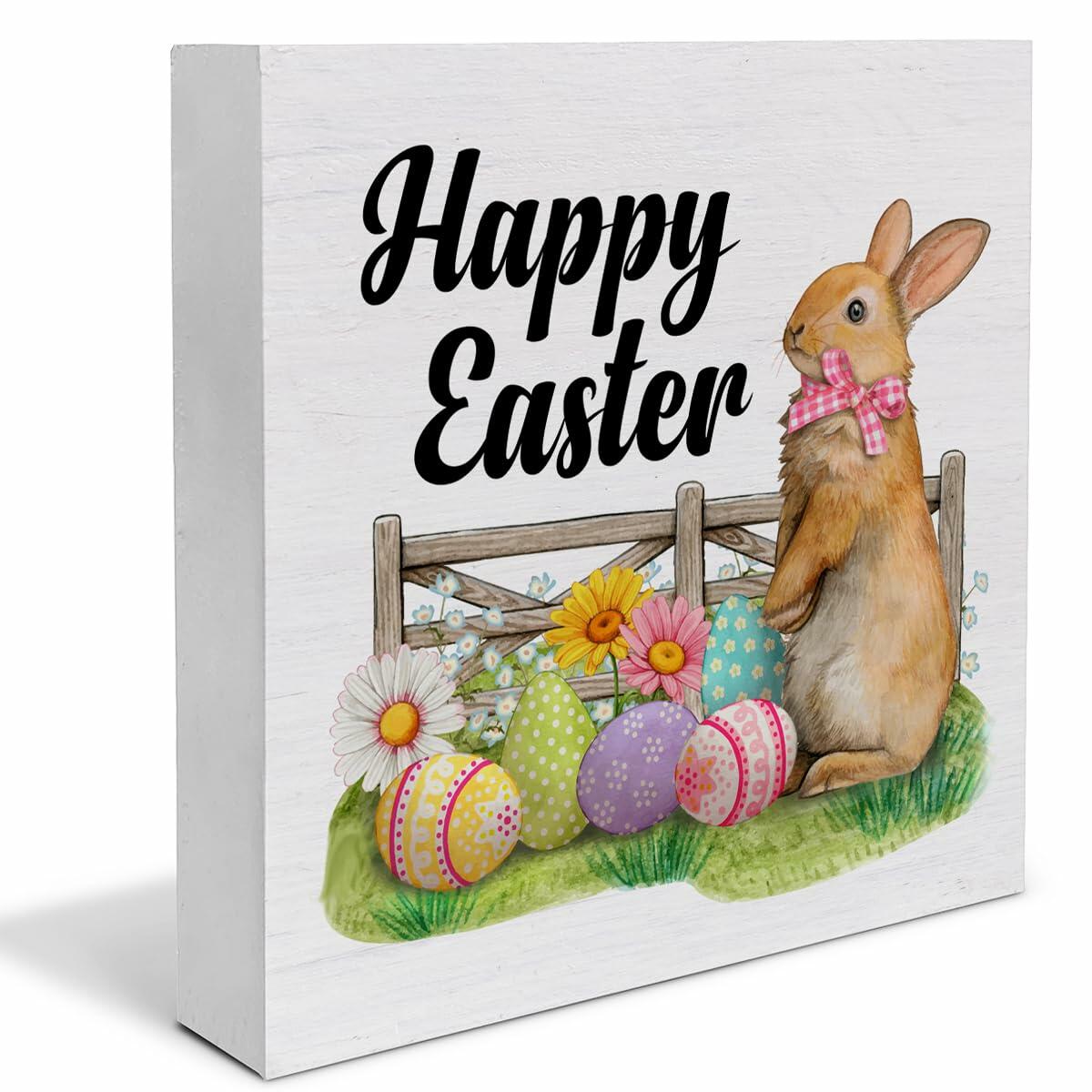 Rustic Bunny Wood Sign Happy Easter Decor Tabletop Shelf 5x5 Inches