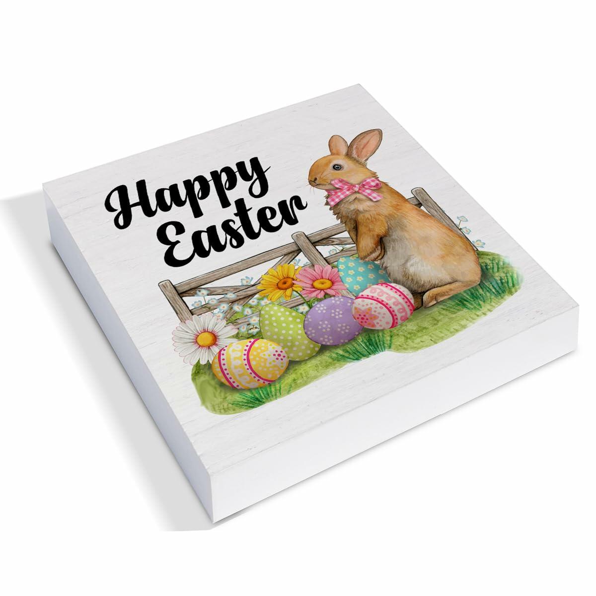 Rustic Bunny Wood Sign Happy Easter Decor Tabletop Shelf 5x5 Inches