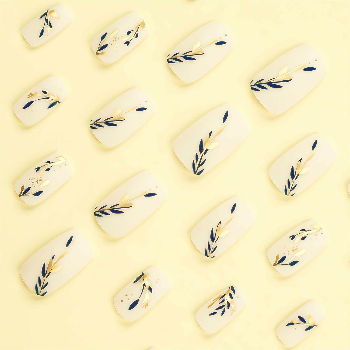 RUOKEXIN Acrylic Coffin Nails 24Pcs Red Blue Flower Gold Rhinestones Glossy