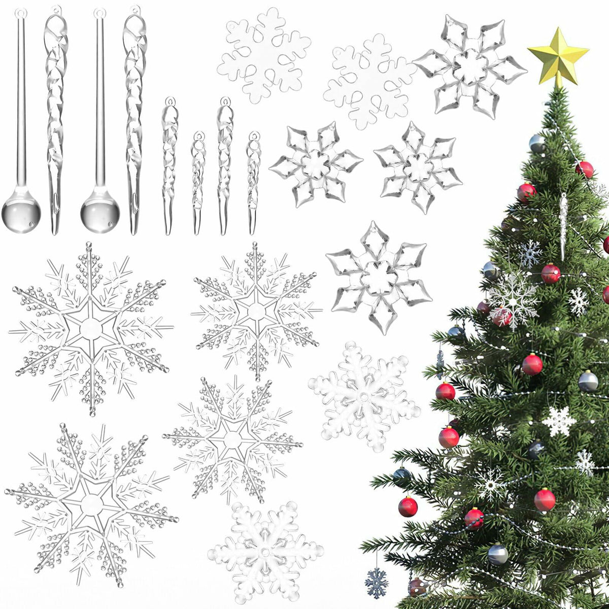 PRETYZOOM Acrylic Crystal Christmas Tree Ornaments Clear 20pcs Snowflake Icicle