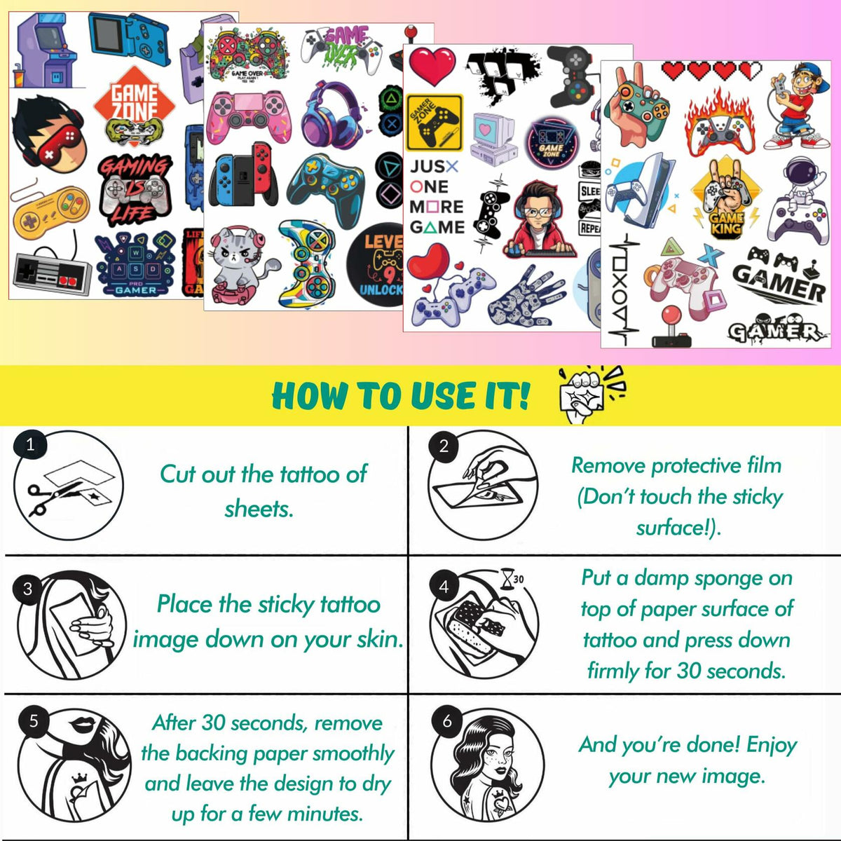 Gaming Temporary Tattoos 4 Sheets Colorful Gamer Party Favors Gift Idea