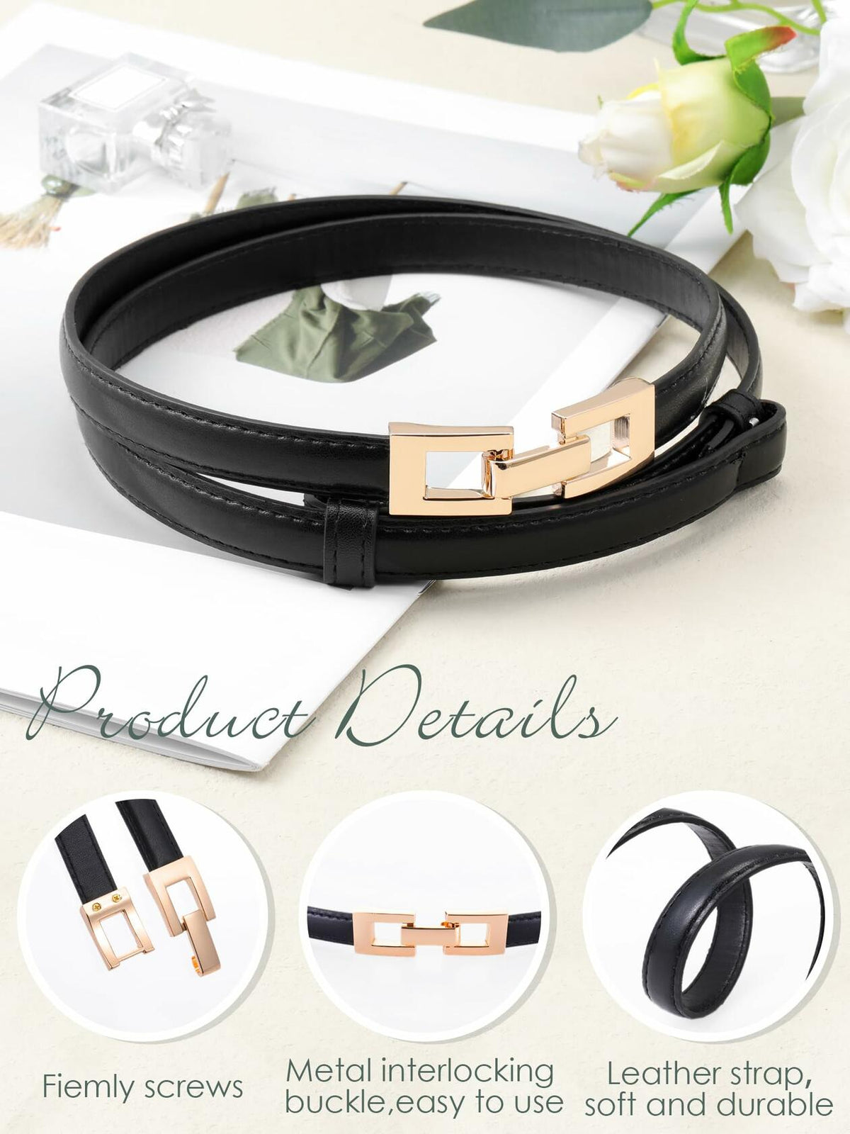Geyoga Women's Skinny Adjustable PU Leather Belt Black 47.2 Inch