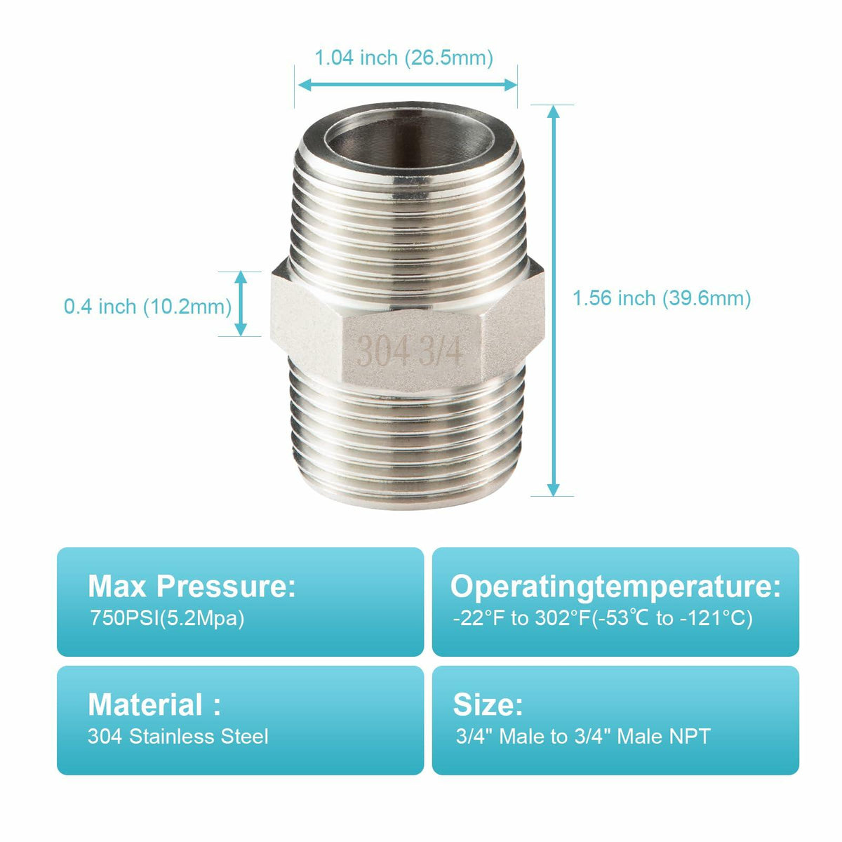 OFFO 3/4" Male NPT Threaded Nipple Adapter Stainless Steel 304 Pipe Fitting