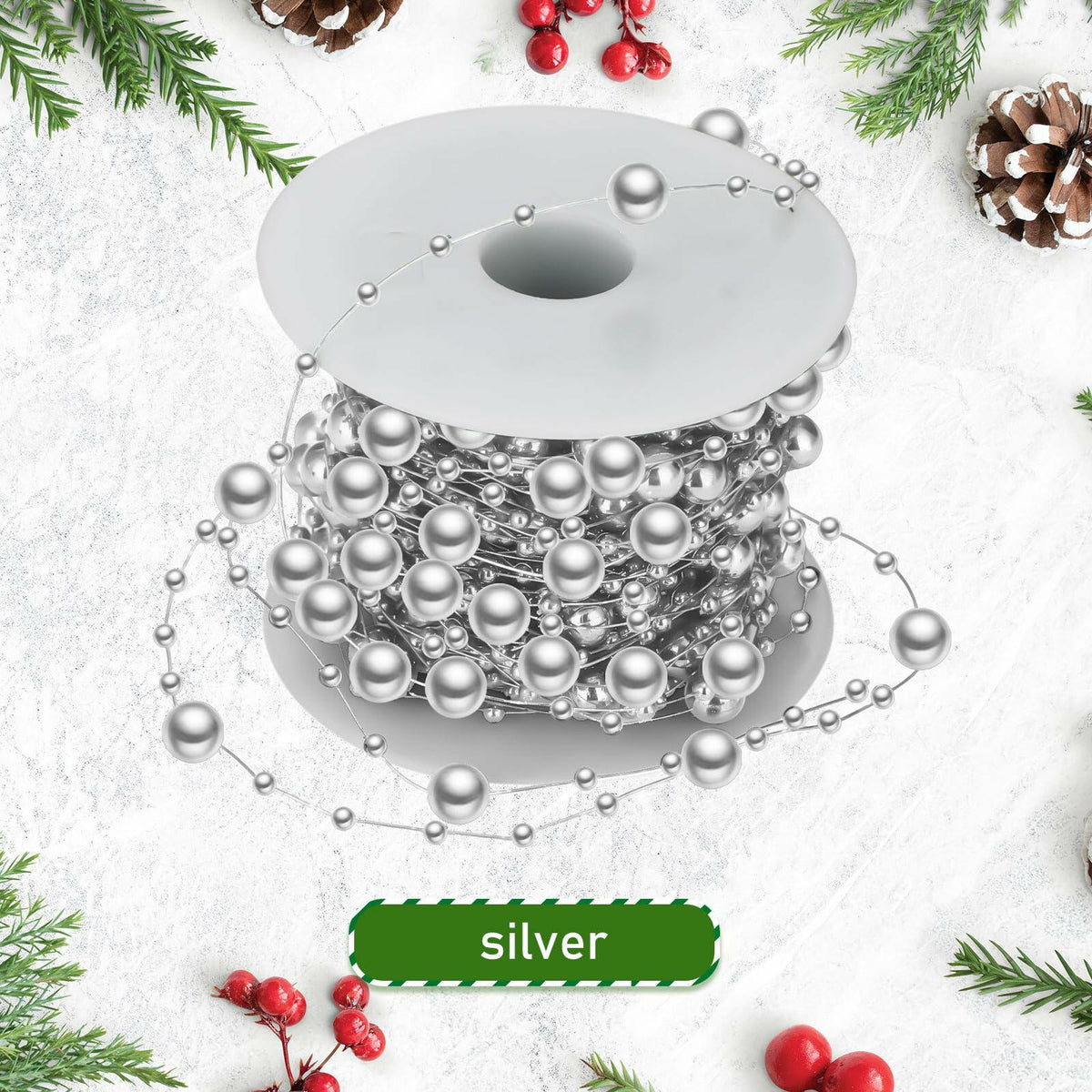 Ecally 250ft Plastic Beads Garland Chain Roll Silver Wedding Decor