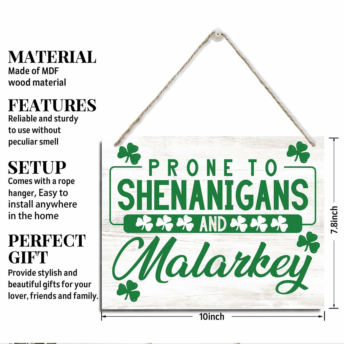 St Patrick's Day Wood Hanging Sign Prone to Shenanigans Green Decor