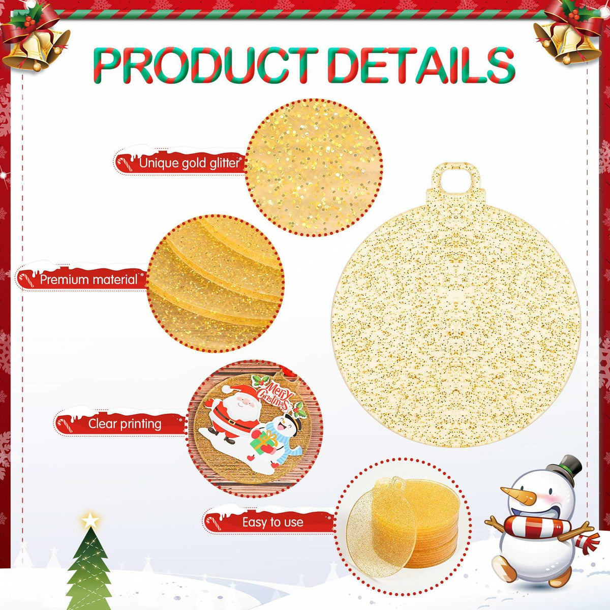 Capoda 24 Pack Clear Acrylic Christmas Ornaments with Red Ribbon Gold