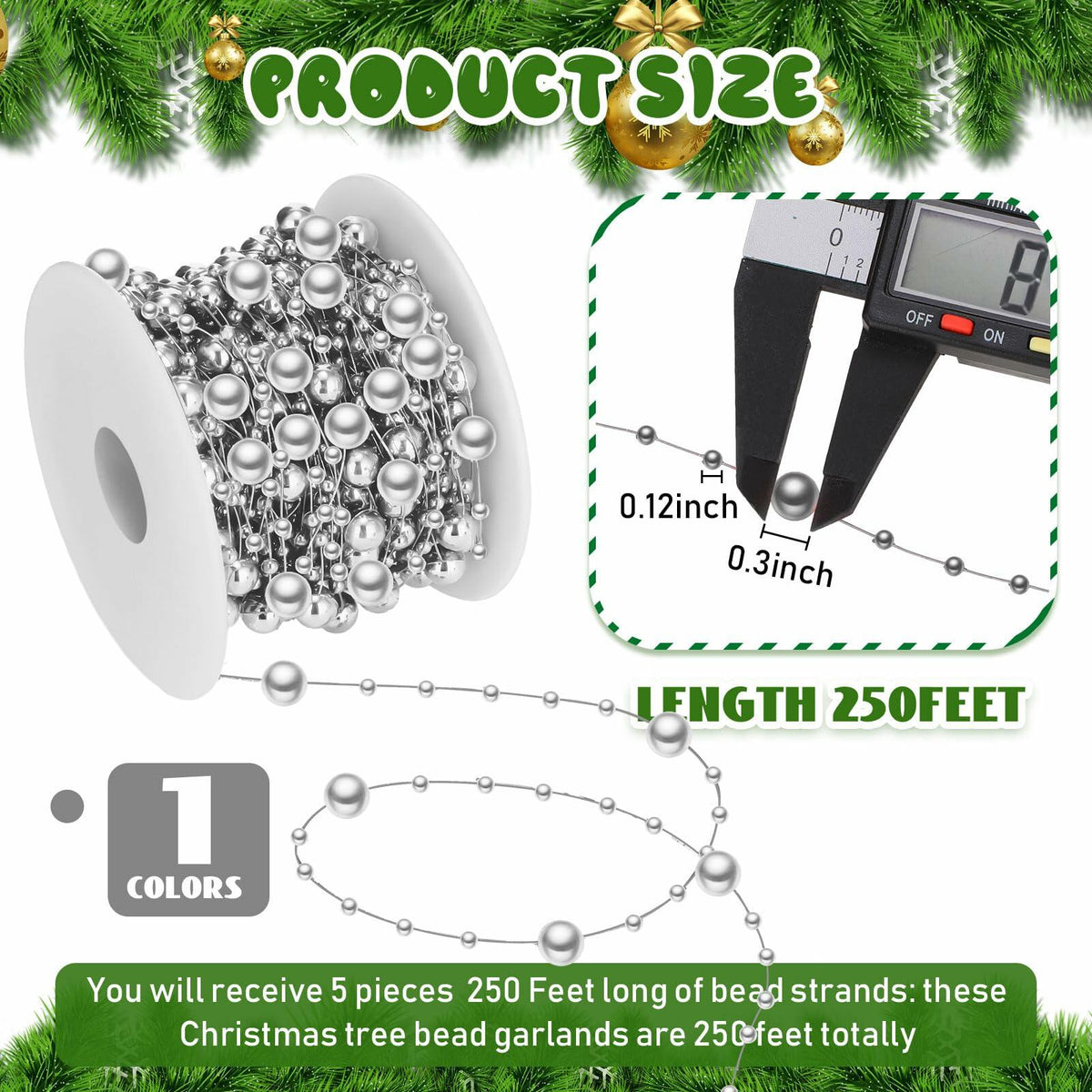 Ecally 250ft Plastic Beads Garland Chain Roll Silver Wedding Decor