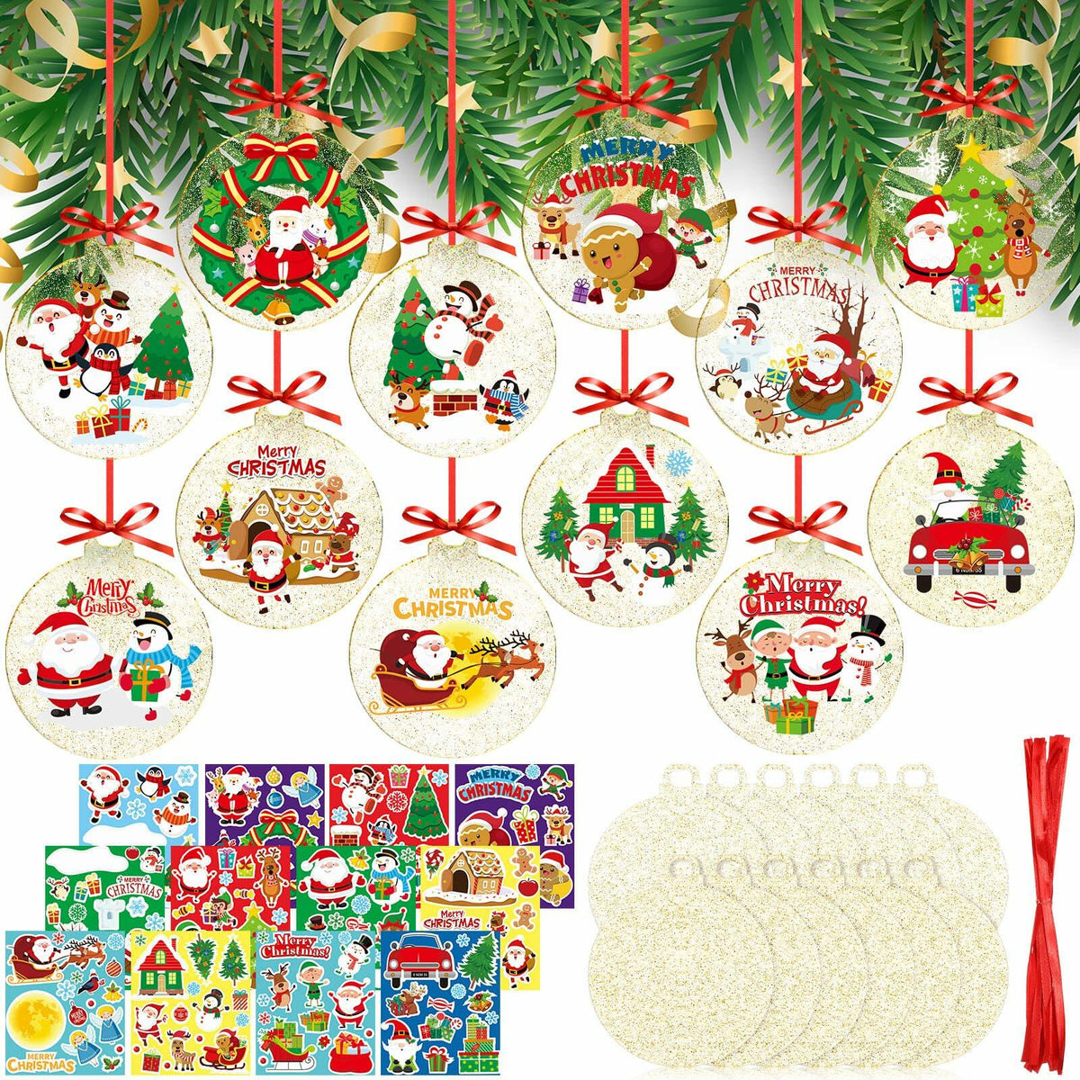 Capoda 24 Pack Clear Acrylic Christmas Ornaments with Red Ribbon Gold