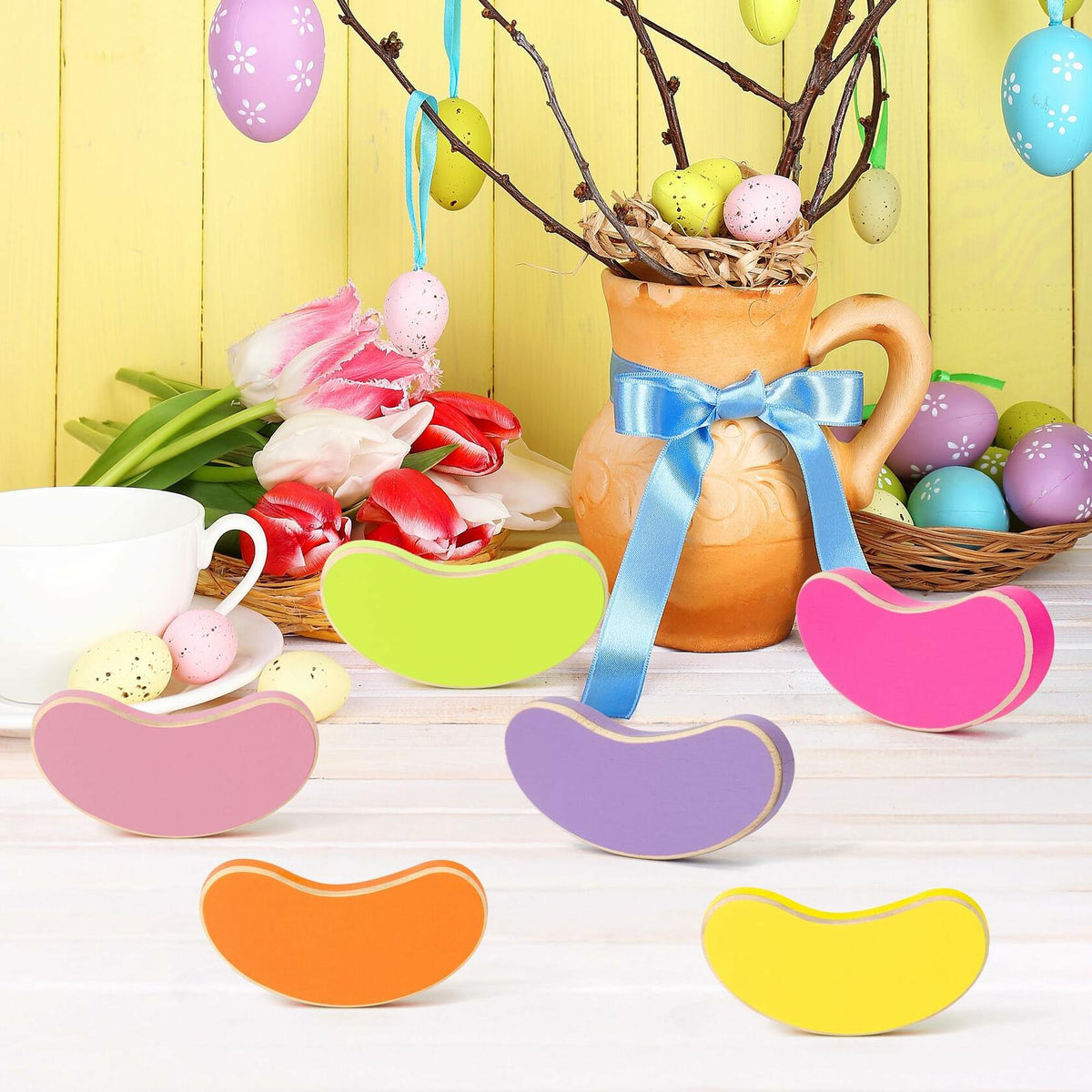 WATINC 6PCS Easter Jelly Beans Tiered Tray Decor Colorful Wooden Sign