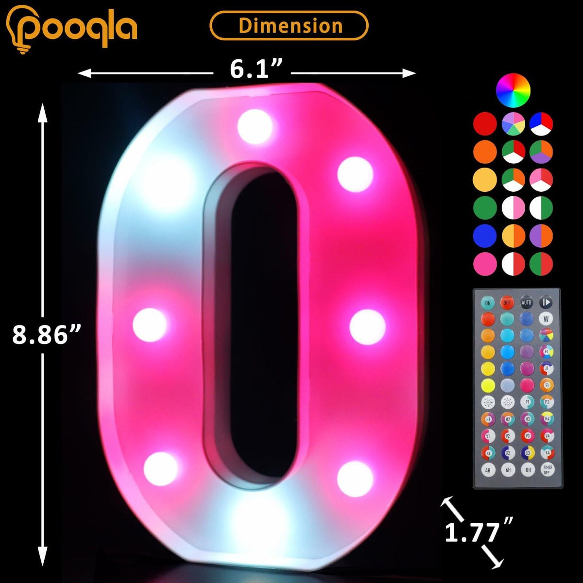 Pooqla Light Up Letter O LED Marquee Light RGB Color Changing 34 Colors Remote