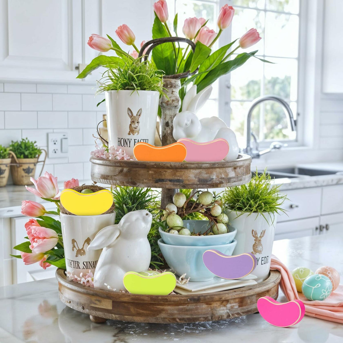 WATINC 6PCS Easter Jelly Beans Tiered Tray Decor Colorful Wooden Sign