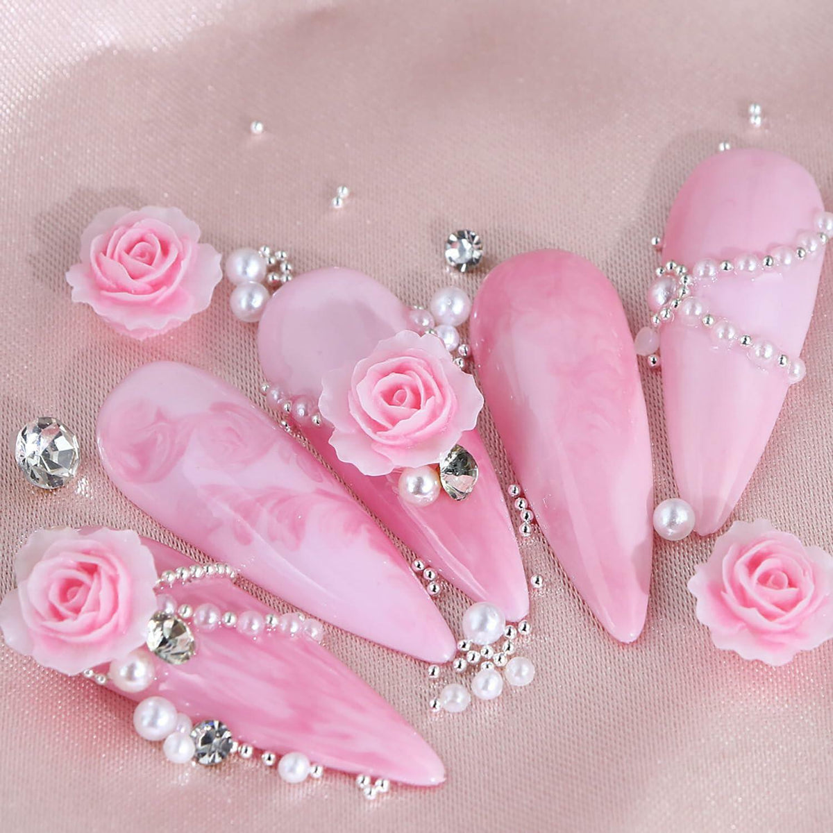 Valentine's Day Pink Flower 3D Nail Art Charms Pearls Rhinestones 1 Box