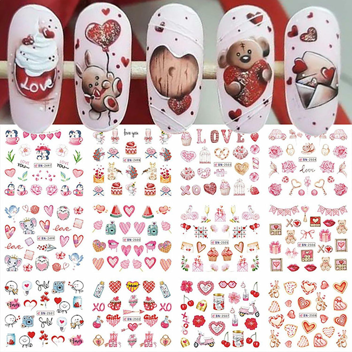 Valentines Day Nail Stickers 12 Sheets Heart Lip Flower Nail Art Pink