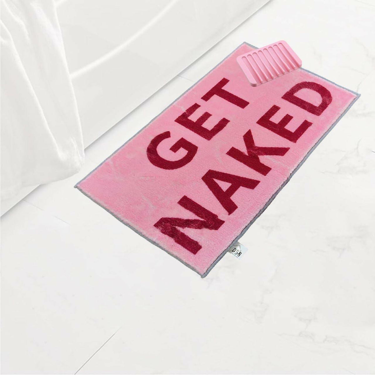 DSB Get Naked Bath Mat 20x32 Pink Rainbow Letters Non Slip Microfiber