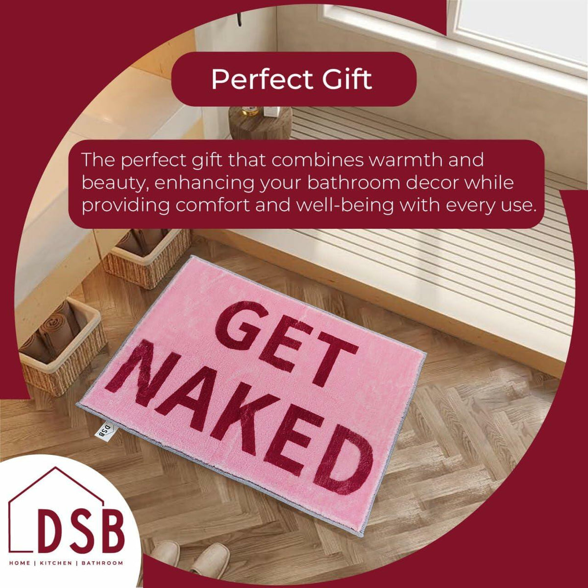 DSB Get Naked Bath Mat 20x32 Pink Rainbow Letters Non Slip Microfiber