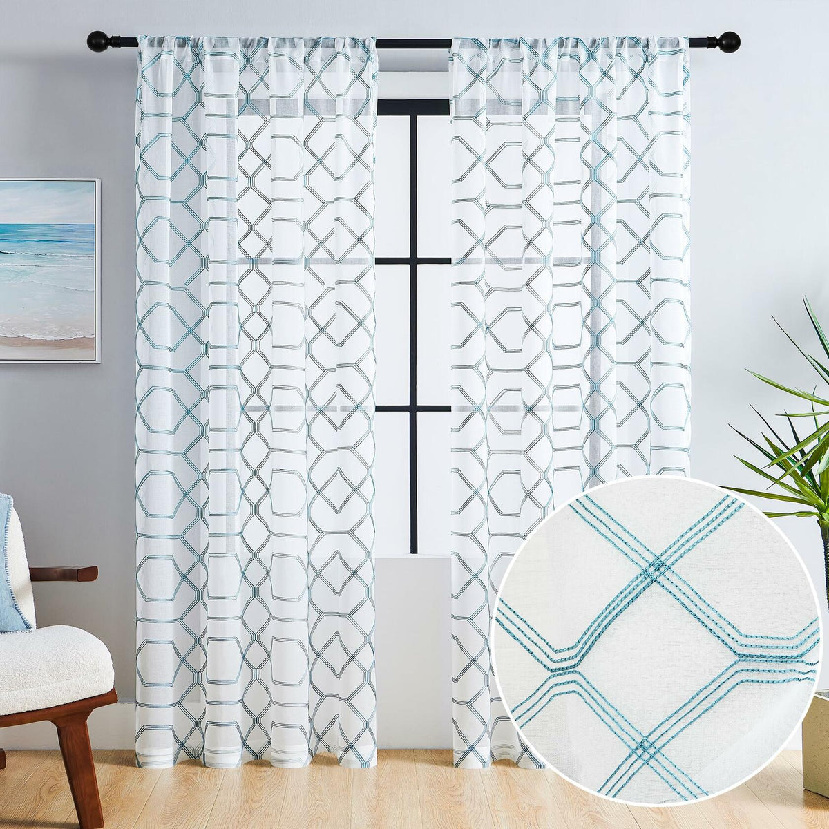 WANSOUL Blue Pattern Sheer Curtains 2 Panels 84in Teal Blue Moroccan Design