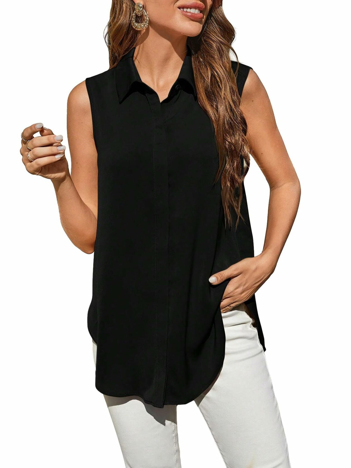 SweatyRocks Women's Dressy Collar Sleeveless Button Down Blouse Black Size S