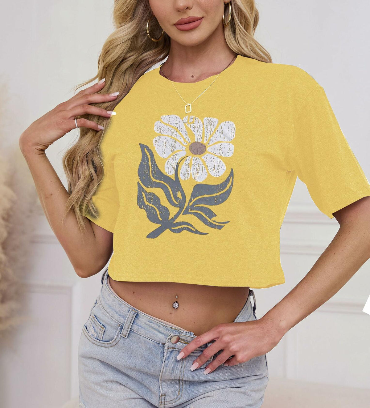 Womens USA Graphic Crop Top Tee Rock Band Casual Summer Yellow Size L